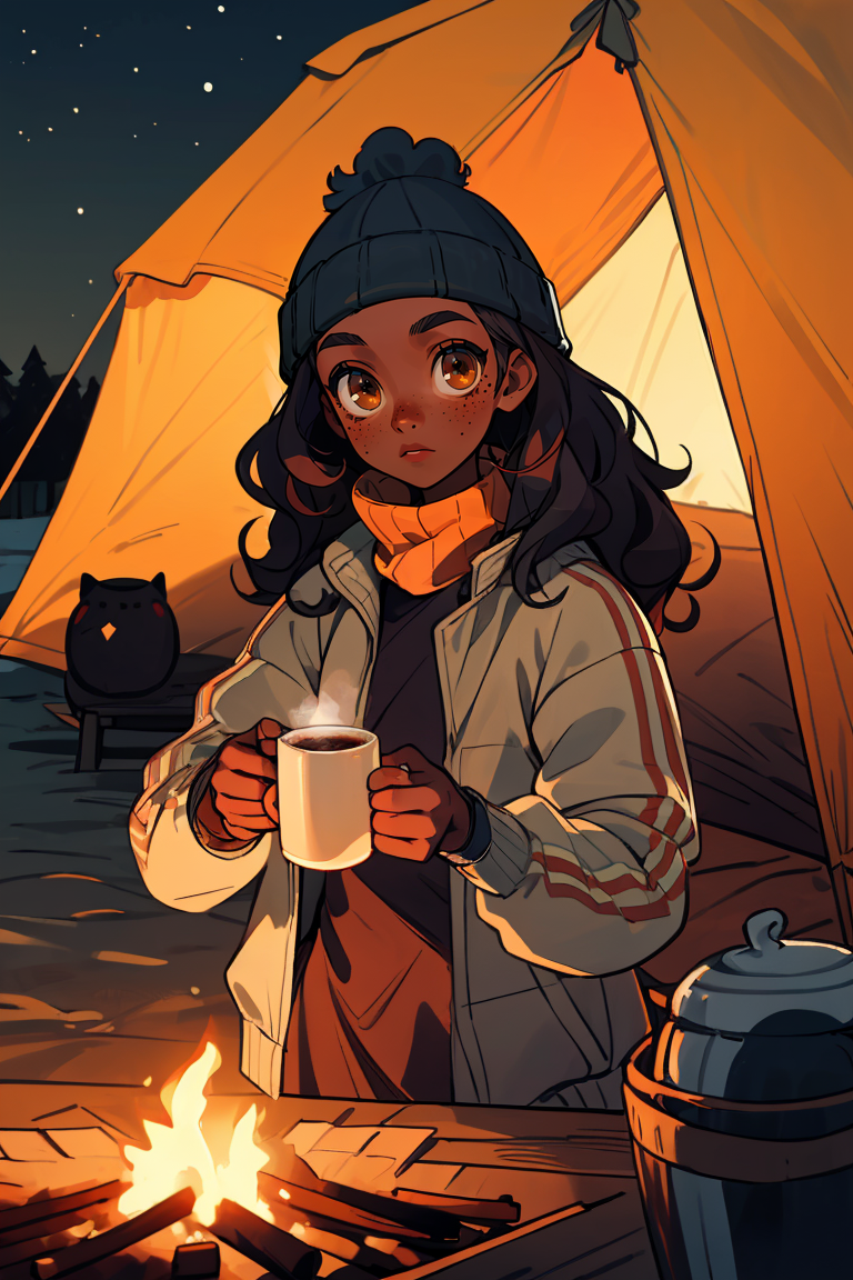 01808-3070565566-(best quality, masterpiece), 1girl, beanie, jacket, winter, curly hair, wavy hair, (dark skin_1.2), freckles, tent, hot coffee,.png
